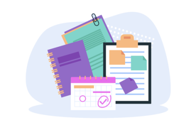 An illustration depicts a notebook, calendar, clipboard, and stack of paper