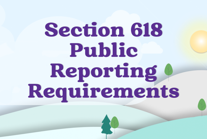 This card reads "Section 618 Public Reporting Requirements." It is decorated with some green hills and trees and a bright sun.
