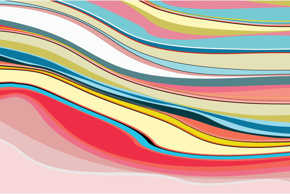 This image shows strata of colorful wavy lines.