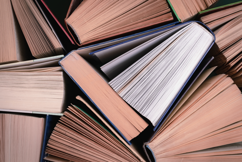 An overhead view of a bunch of paper books, their covers slightly open and fanned.