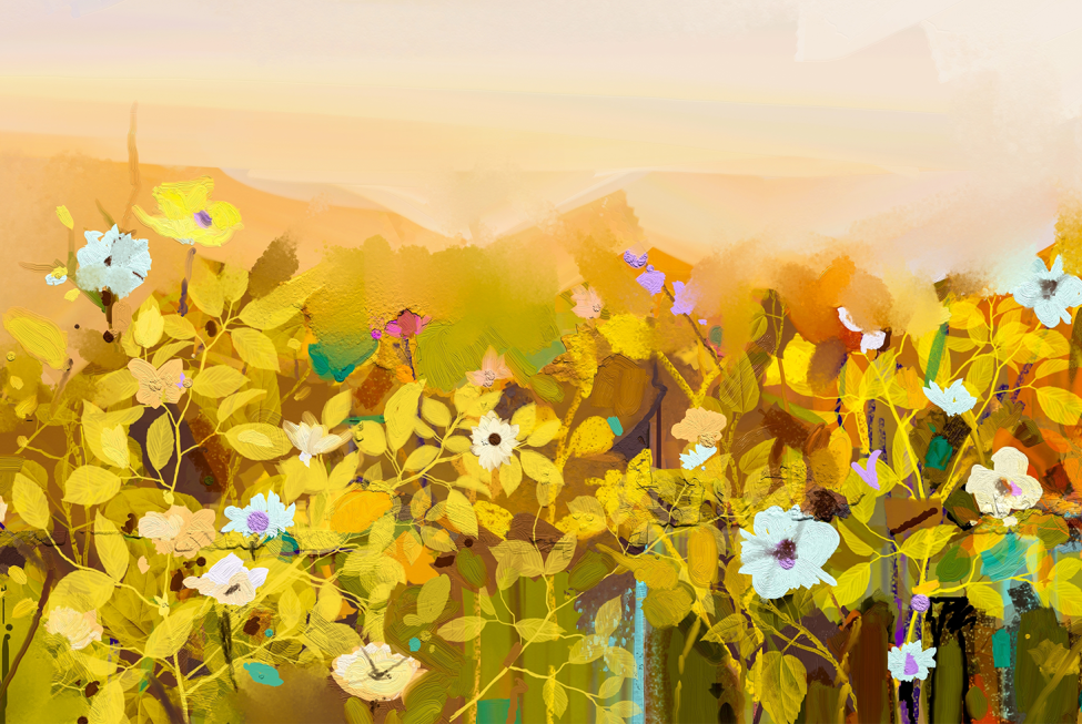 This image is an oil painting of a field of yellow flowers.